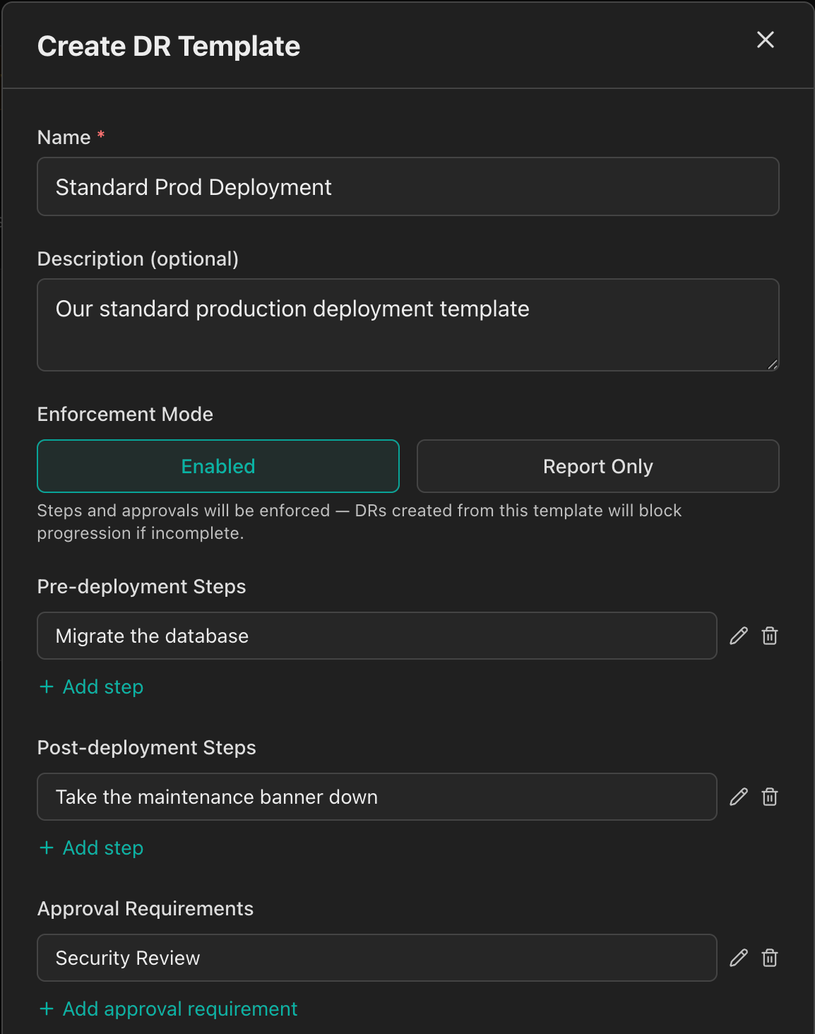 DR Templates showing predefined steps, required approvals, and pre/post deployment configuration